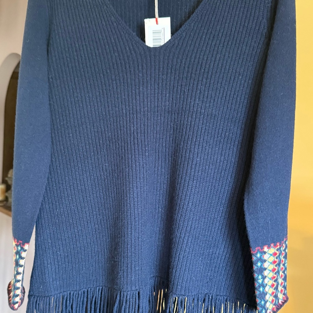 Johnny Was Navy Blue Wool V-Neck Sweater with Groovy Fringe NWT